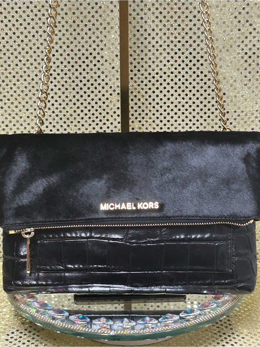 Michael Kors Calf Hair & Black Croc Embossed Crossbody Bag Approx. 10x6x2